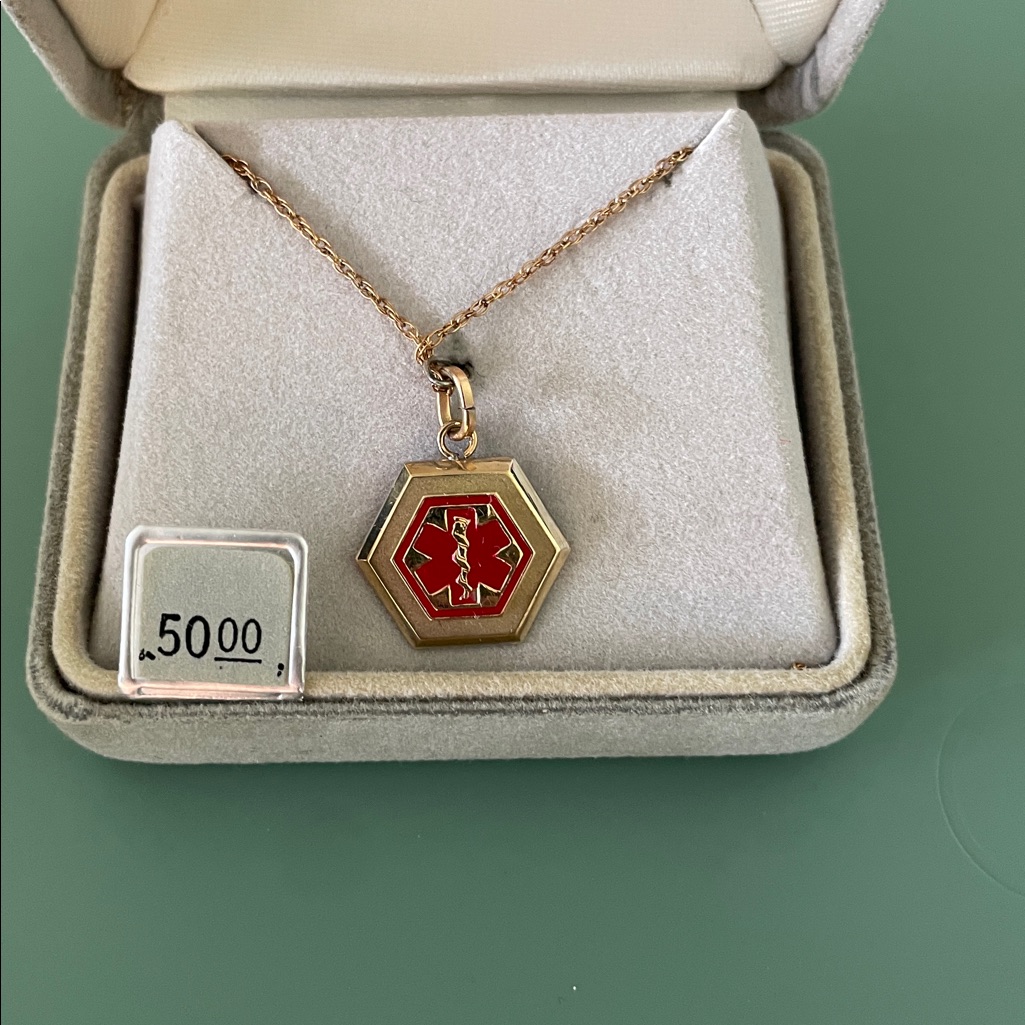 Gold Plated And Red Hexagon Medical Alert Pendant 20$
